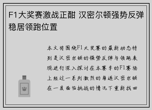 F1大奖赛激战正酣 汉密尔顿强势反弹稳居领跑位置