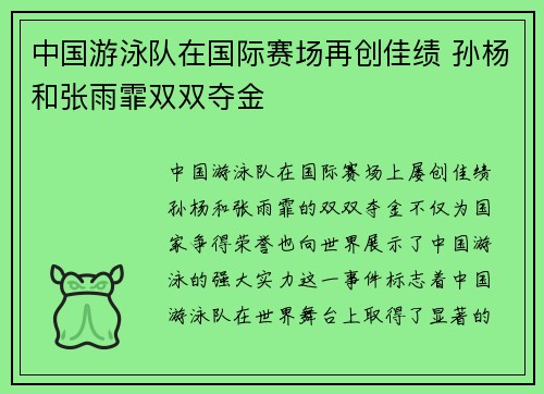 中国游泳队在国际赛场再创佳绩 孙杨和张雨霏双双夺金